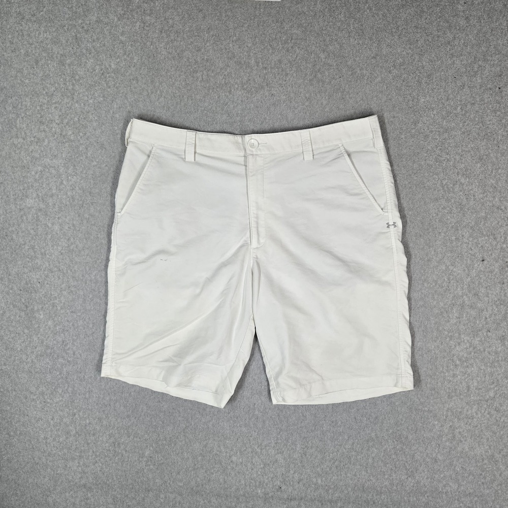 Under Armour Men Shorts 38 White Nylon Chino Logo 11" Inseam Stretch Pocket READ